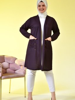 Kadin Tesettur Petek Kumas Uzun Hırka Kolları Dugmeli Mürdüm