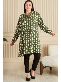 Tesettur Büyük Beden Fırça Desenli Uzun Haki Gömlek Tunik