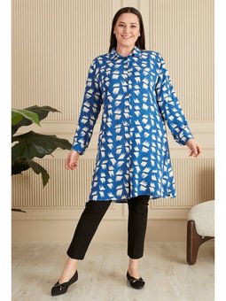 Tesettur Büyük Beden Fırça Desenli Uzun İndigo Gömlek Tunik