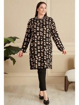 Tesettur Büyük Beden Fırça Desenli Uzun Siyah Gömlek Tunik