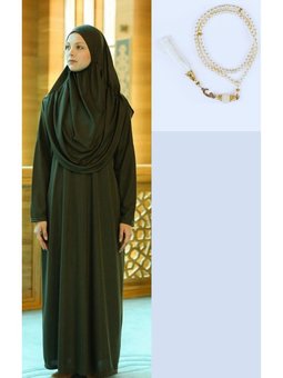 Boydan Giymeli Haki Yeşili Namaz Elbisesi Ve 99'luk İnci Tesbih