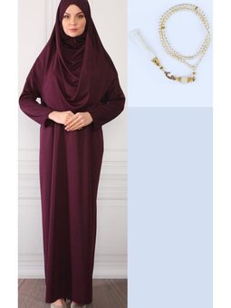 Boydan Giymeli Mürdüm Namaz Elbisesi Ve 99'luk İnci Tesbih