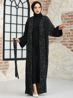 Garnili Önü Açık Puantıiyeli Ferace Siyah