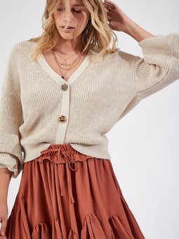 Taş Rengi V Yakalı Düğmeli Triko Hırka