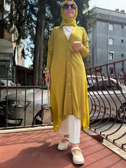 Şifon Detaylı Triko Hırka Yağ Yeşili 4yobhrk3893