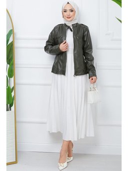 Fermuarlı Ceketm Yaka Suni Deri Haki Ceket