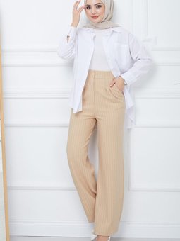 Pileli Çizgili Pantolon Bej Hm2354