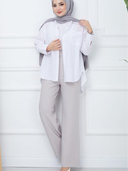 Pileli Çizgili Pantolon Gri Hm2354