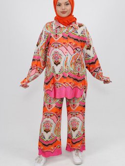 Oranj Viskon Kumaş Çiçek Desenli İkili Takım