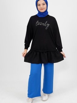 Siyah Önü Taş Detaylı İplik Kumaş Sweatshirt