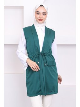 Zümrüt Yeşili Sahte Cepli Bel Bağlamalı Yelek