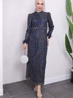 Lacivert Simli Kol Detaylı Abiye Elbise