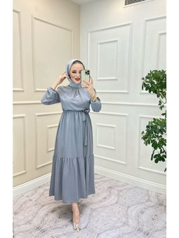 Gri Yakası Büzgü Detaylı Ayrobin Elbise