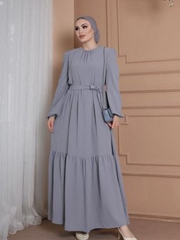 Gri Yakası Büzgü Detaylı Ayrobin Kuşaklı Elbise