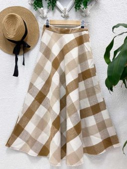 Kahverengi Ekose Detaylı Kaşe Uzun Etek