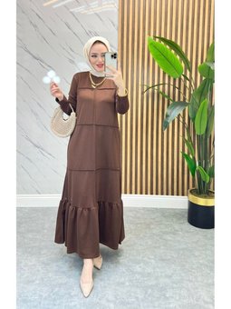 Kahverengi Nervür Detaylı Elbise