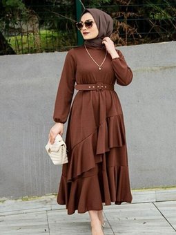 Kahverengi Volan Katlı Özel Gün Elbise