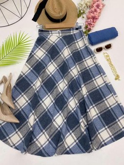 Mavi Ekose Detaylı Kaşe Uzun Etek