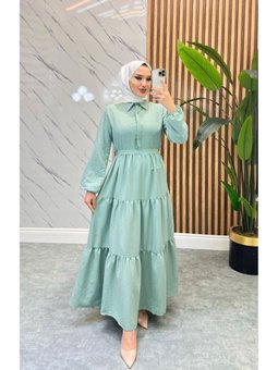 Mint Yeşili Standart Yaka Dügmeli Elbise