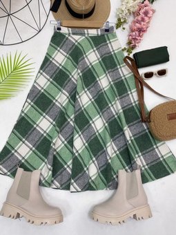 Yeşil Ekose Detaylı Kaşe Uzun Etek
