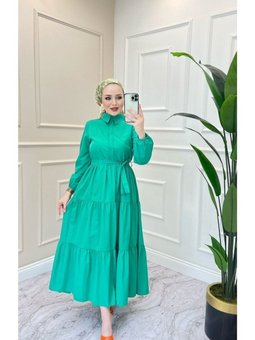 Yeşil Standart Yaka Dügmeli Elbise