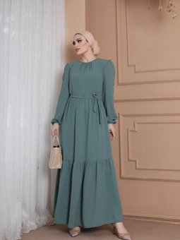 Yeşil Yakası Büzgü Detaylı Ayrobin Elbise