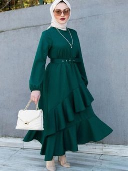 Zümrüt Yeşili Volan Katlı Özel Gün Elbise