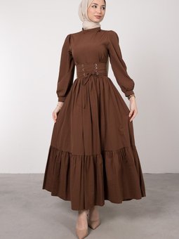 Beli Çapraz Bağcıklı Vintage Elbise Kahverengi