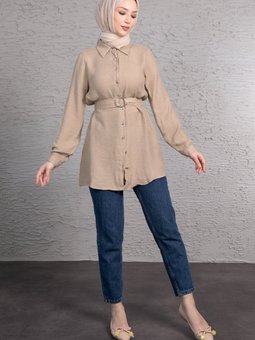 Platin Metal Kuşak Detaylı Tunik Vizon