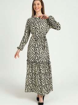 Bej Çıtır Desenli Viskon Elbise