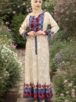 Bej Desenli Viskon Elbise