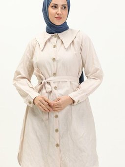 Bej Kuşaklı Keten Tunik