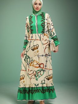 Bej Yeşil Desenli Viskon Elbise