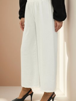 Beyaz Beli Lastikli Bol Paça Pantolon