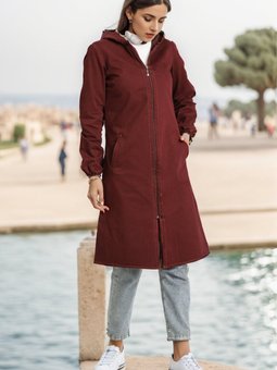 Bordo Kapüşonlu Fermuarlı Kot Kap