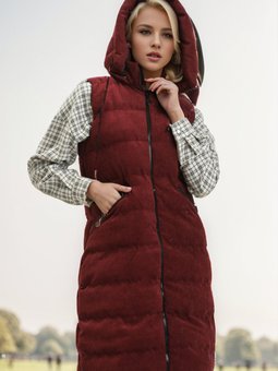 Bordo Kapüşonlu Fitilli Kadife Yelek