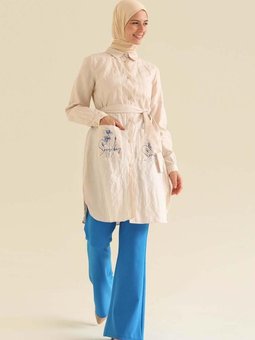 Ekru Cepli Kuşaklı Pudra Tunik