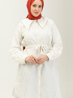 Ekru Kuşaklı Keten Tunik