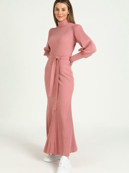 Gül Kurusu Kemerli Örme Kaşkorse Elbise