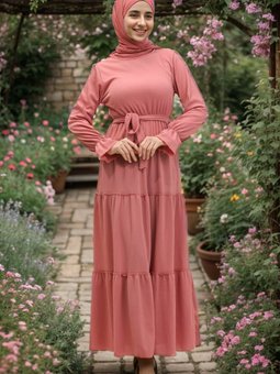 Gül Kurusu Kolları Volanlı Kuşaklı Elbise