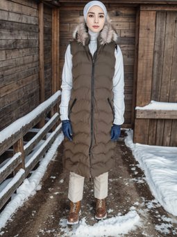 Haki Kürk Kapüşonlu Şişme Yelek