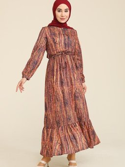 Hardal Çiçek Desenli Büzgülü Elbise