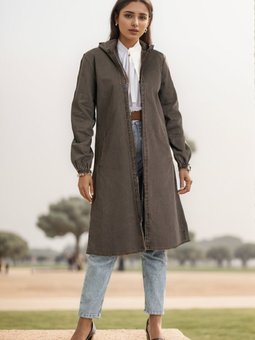 Kahverengi Kapüşonlu Fermuarlı Kot Kap