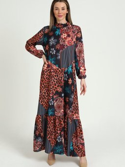 Kahverengi Papatya Desenli Kuşaklı Elbise