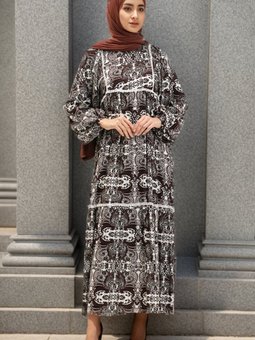 Kahverengi Viskon Desenli Kuşaklı Elbise