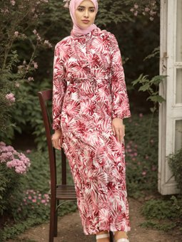 Kırmızı Palmiye Desenli Viskon Bordo Elbise