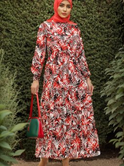 Kırmızı Palmiye Desenli Viskon Elbise