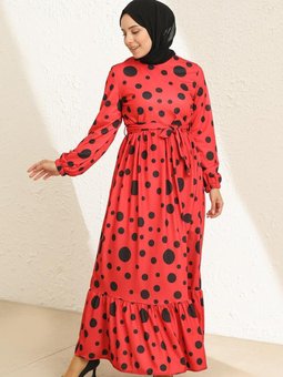 Kırmızı Puantiyeli Kuşaklı Elbise