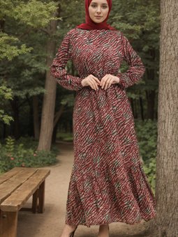 Kırmızı Viskon Desenli Kuşaklı Elbise