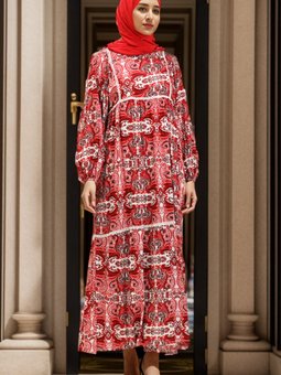 Kırmızı Viskon Desenli Kuşaklı Elbise